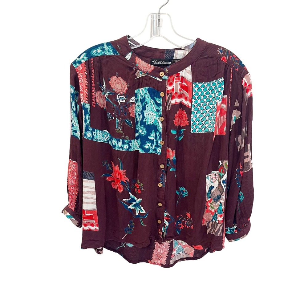 Tolani Collection Womens Patchwork Floral Button Down Blouse Burgundy Size Small